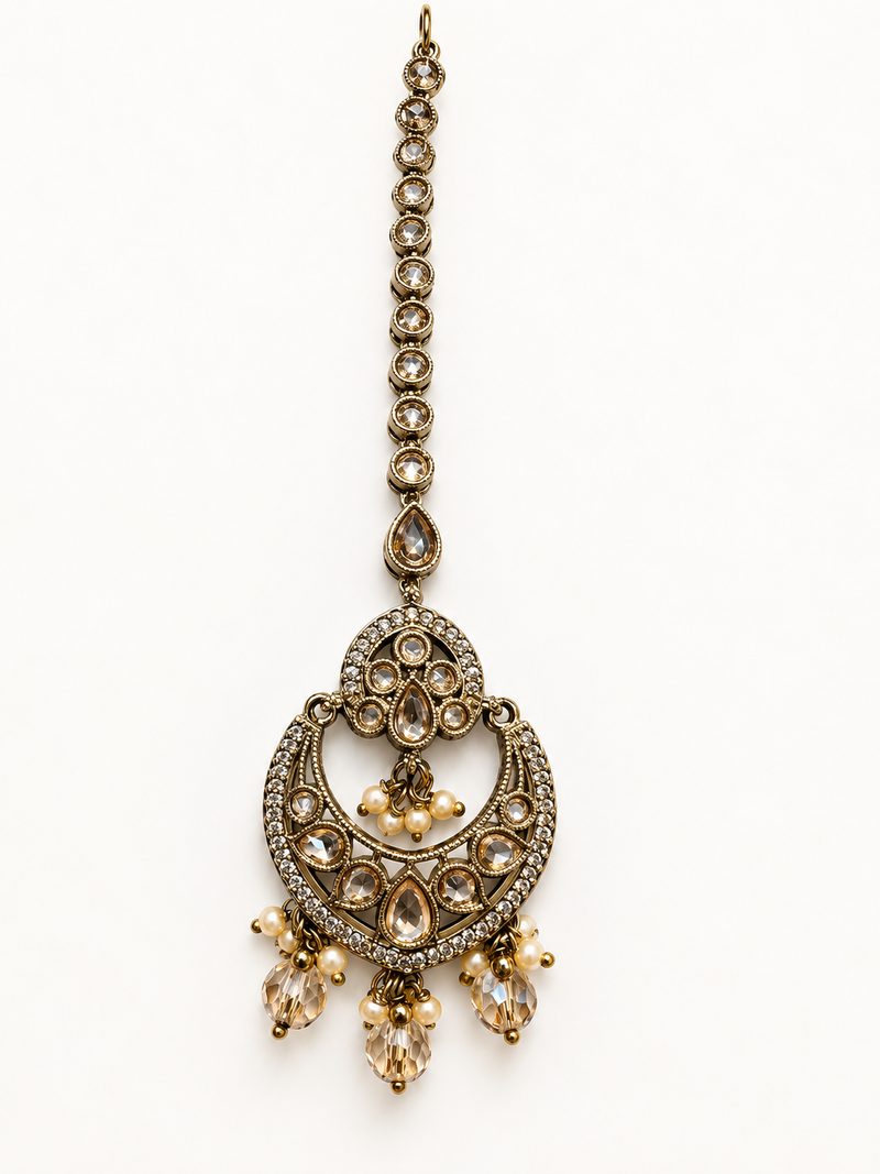 Antique gold maang tikka with a long jewelled chain