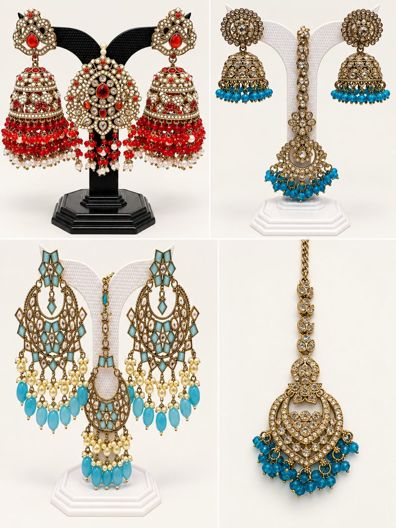 Collection of earring and maang tikka sets in red, teal, pink and champagne