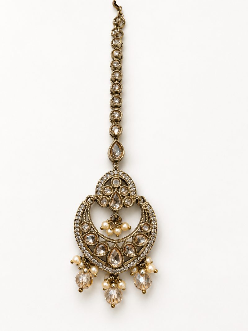 Gold-tone chandbali maang tikka with pearl-style drops