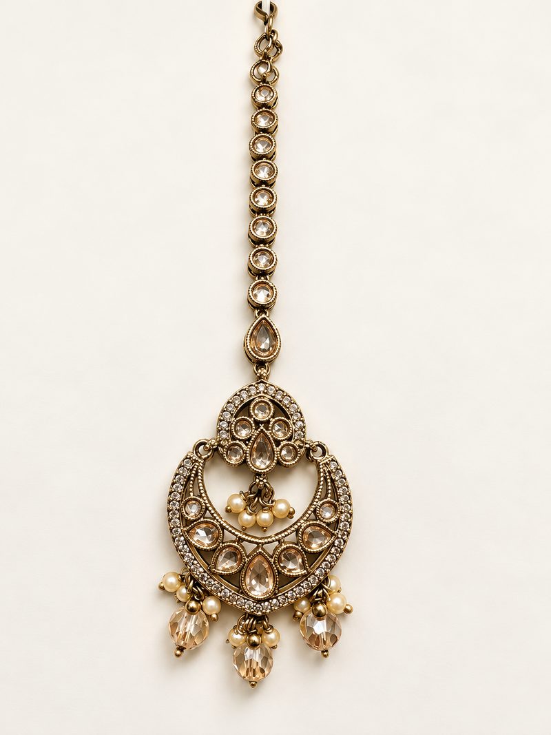 Antique gold maang tikka with pearl-style drops