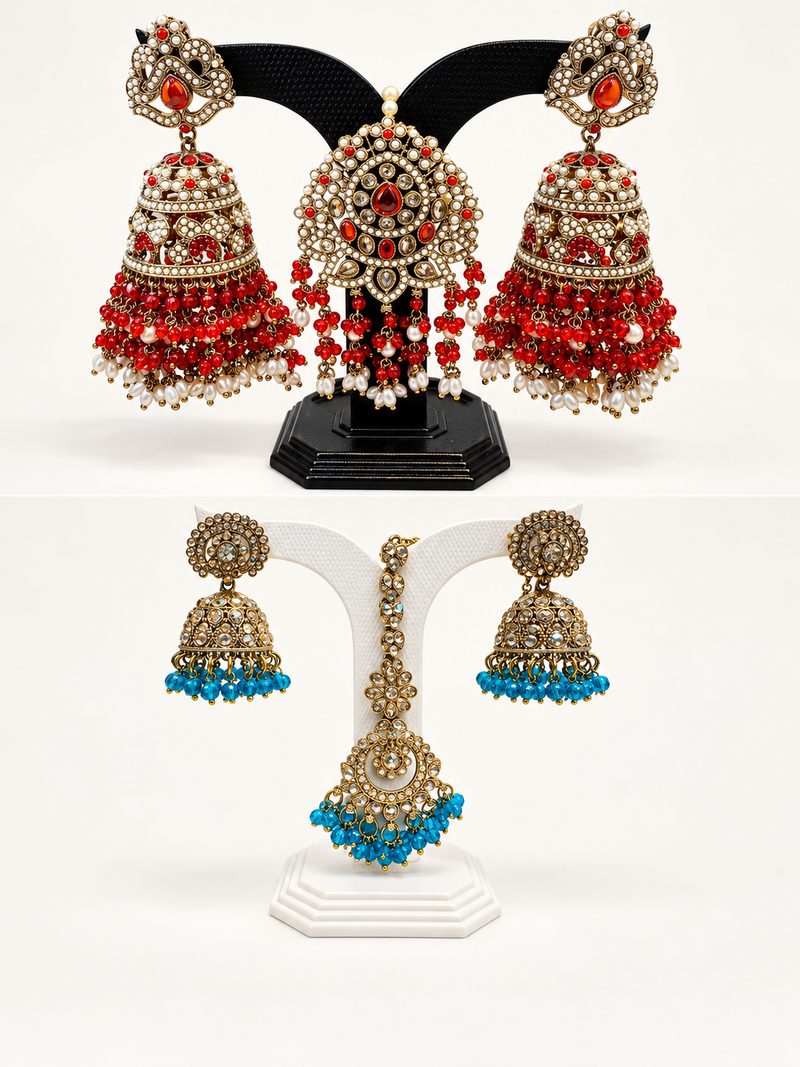 Red and teal jhumka earring and maang tikka sets
