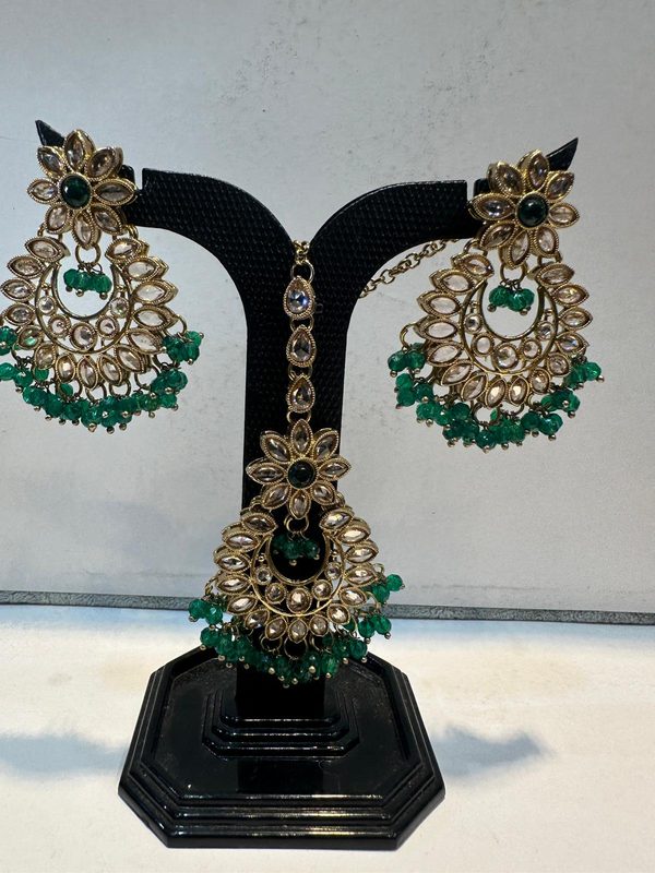 Green Antique Gold Chandbali Earring & Maang Tikka Set