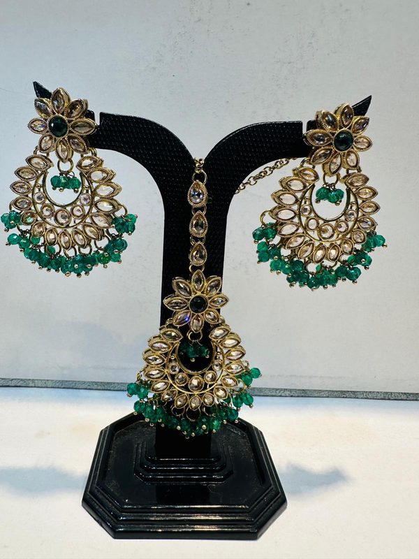Green Antique Gold Chandbali Earring & Maang Tikka Set