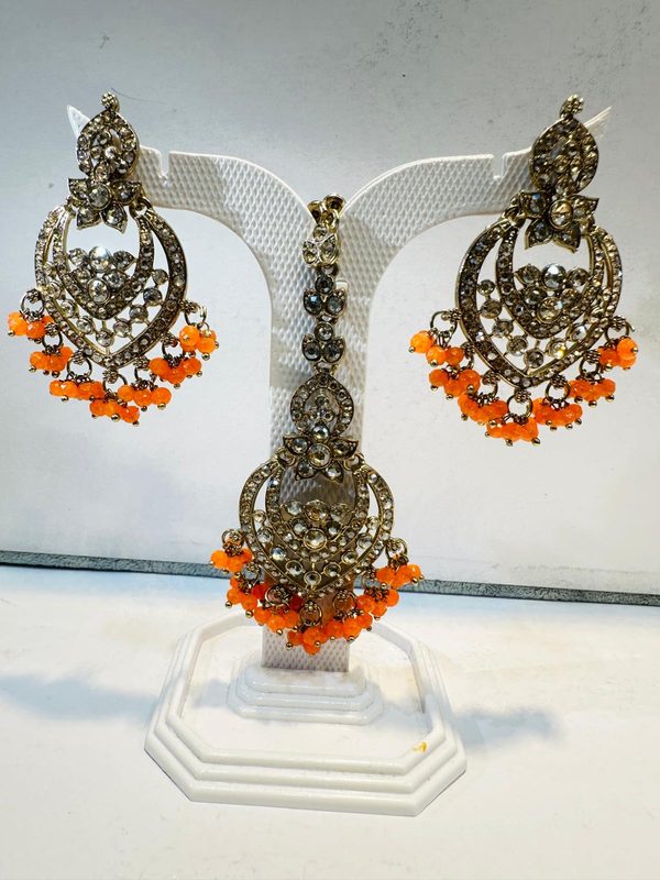 Orange Antique Gold Chandbali Earring & Maang Tikka Set