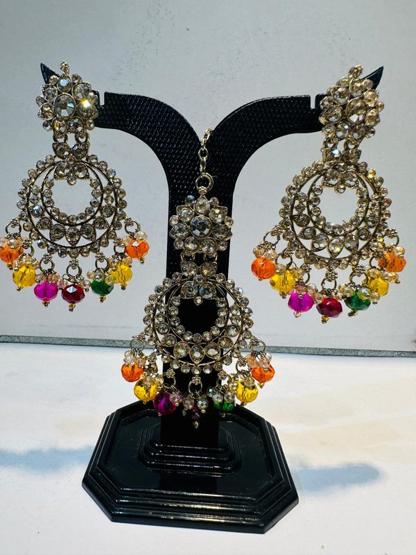 Multicolour Antique Gold Chandbali Earring & Maang Tikka Set