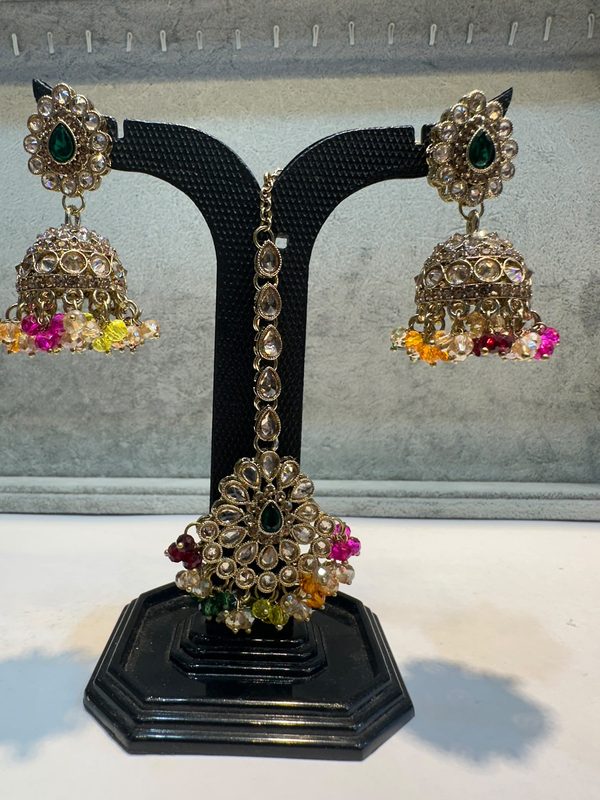 Multicolour Antique Gold Jhumka Earring & Maang Tikka Set