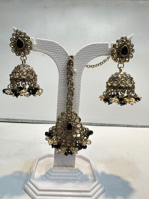 Black Antique Gold Jhumka Earring & Maang Tikka Set