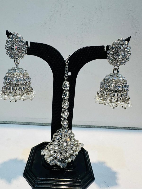 Pearl Silver Jhumka Earring & Maang Tikka Set
