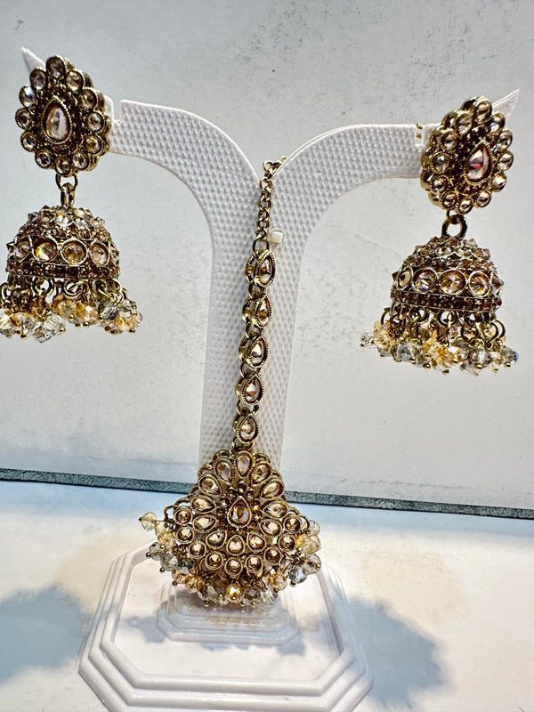 Champagne Antique Gold Jhumka Earring & Maang Tikka Set