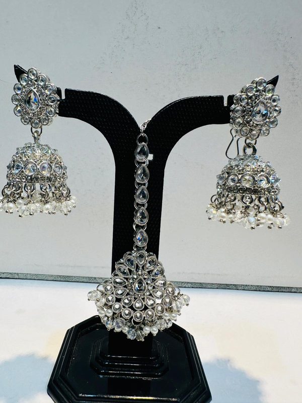 Pearl Silver Jhumka Earring & Maang Tikka Set