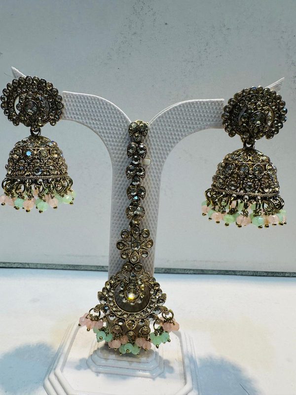 Pink & Mint Antique Gold Jhumka Earring & Maang Tikka Set