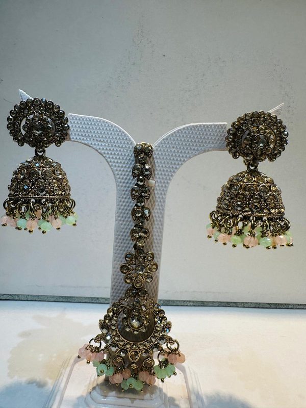 Pink & Mint Antique Gold Jhumka Earring & Maang Tikka Set