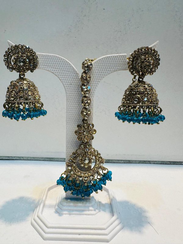 Teal Antique Gold Jhumka Earring & Maang Tikka Set