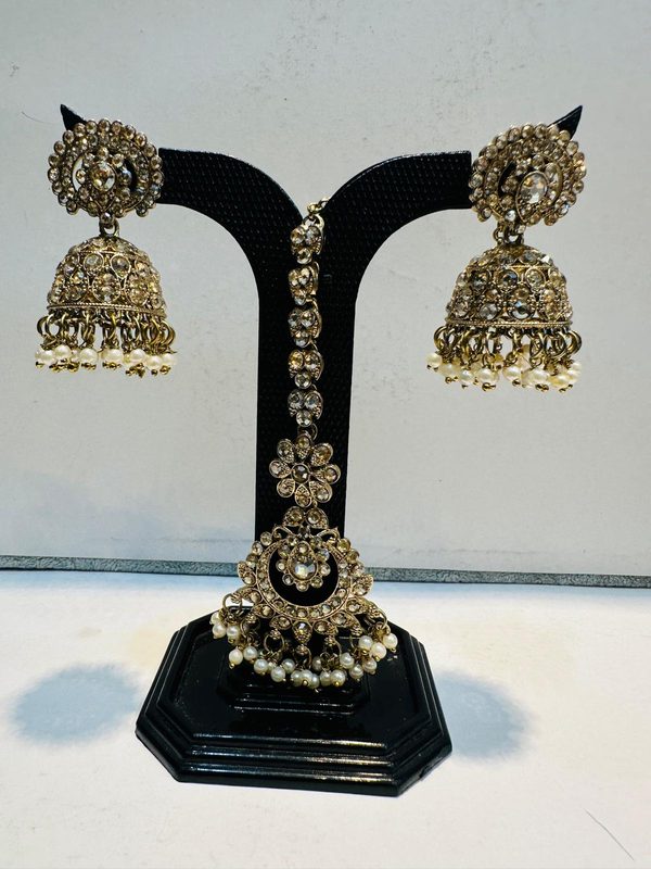 Pearl Antique Gold Jhumka Earring & Maang Tikka Set