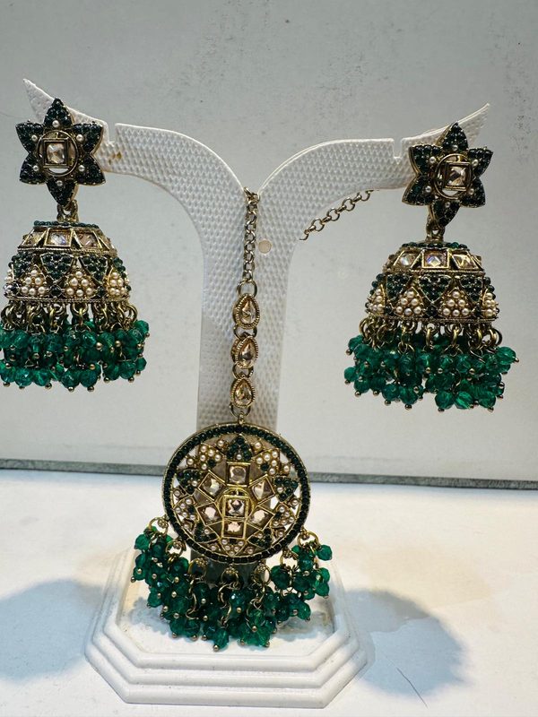 Green Antique Gold Jhumka Earring & Maang Tikka Set