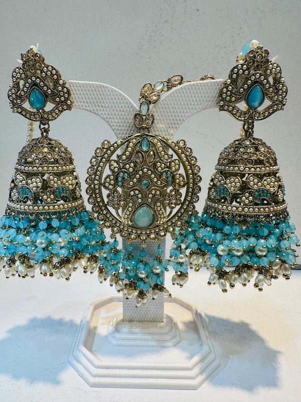 Turquoise Antique Gold Jhumka Earring & Maang Tikka Set
