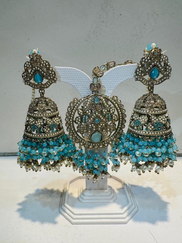 Turquoise Antique Gold Jhumka Earring & Maang Tikka Set