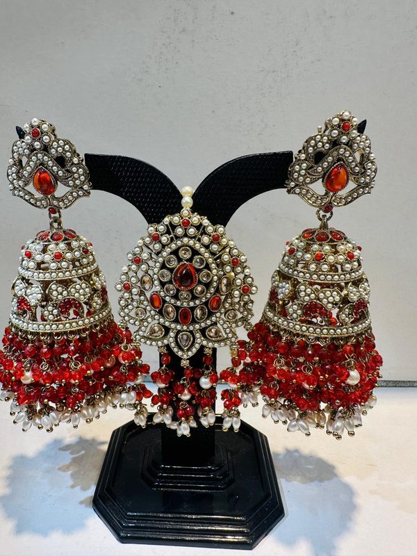 Red Antique Gold Jhumka Earring & Maang Tikka Set
