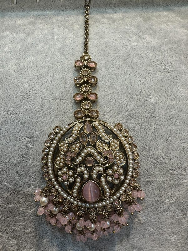 Pink Antique Gold Maang Tikka