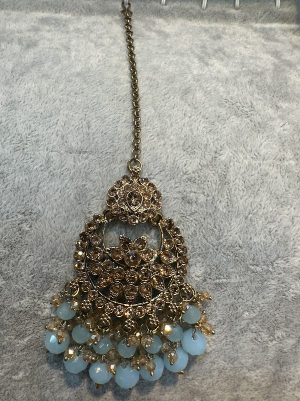 Sky Blue Antique Gold Maang Tikka