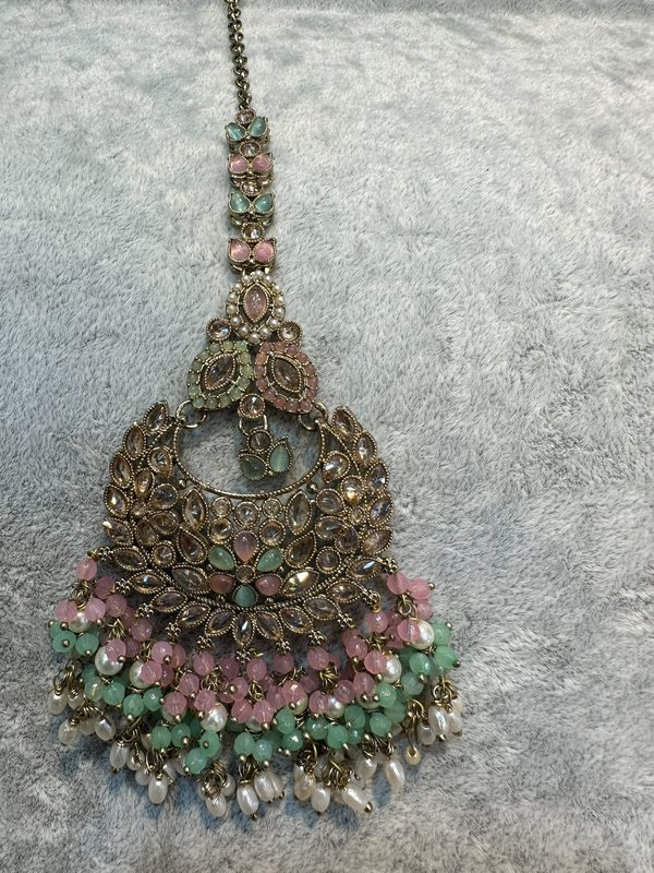 Pink & Mint Antique Gold Maang Tikka