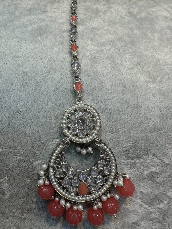 Coral Silver Maang Tikka