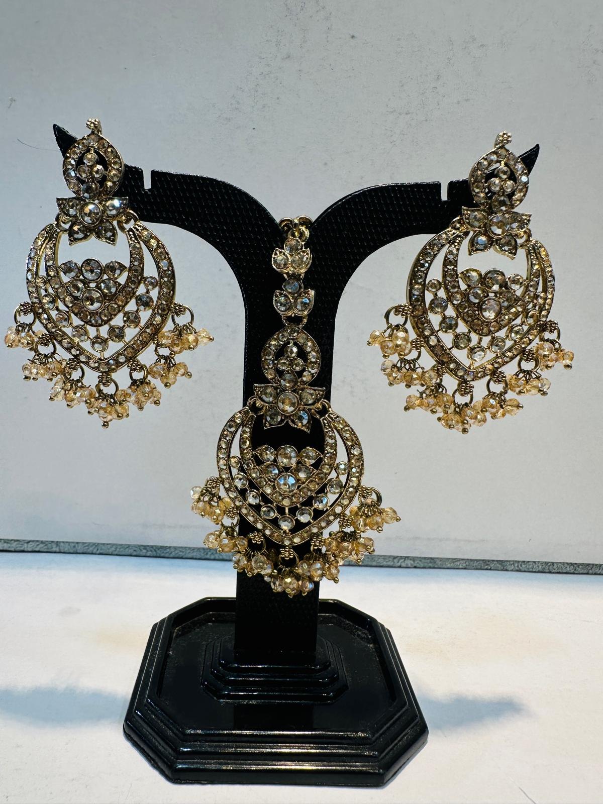 Champagne Antique Gold Chandbali Earring & Maang Tikka Set