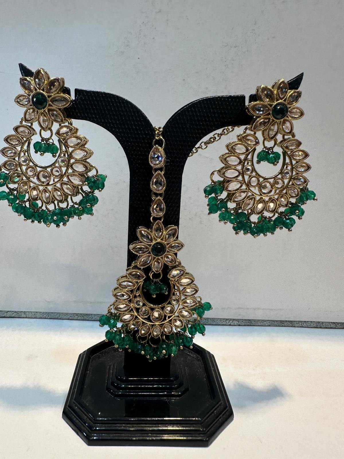 Green Antique Gold Chandbali Earring & Maang Tikka Set