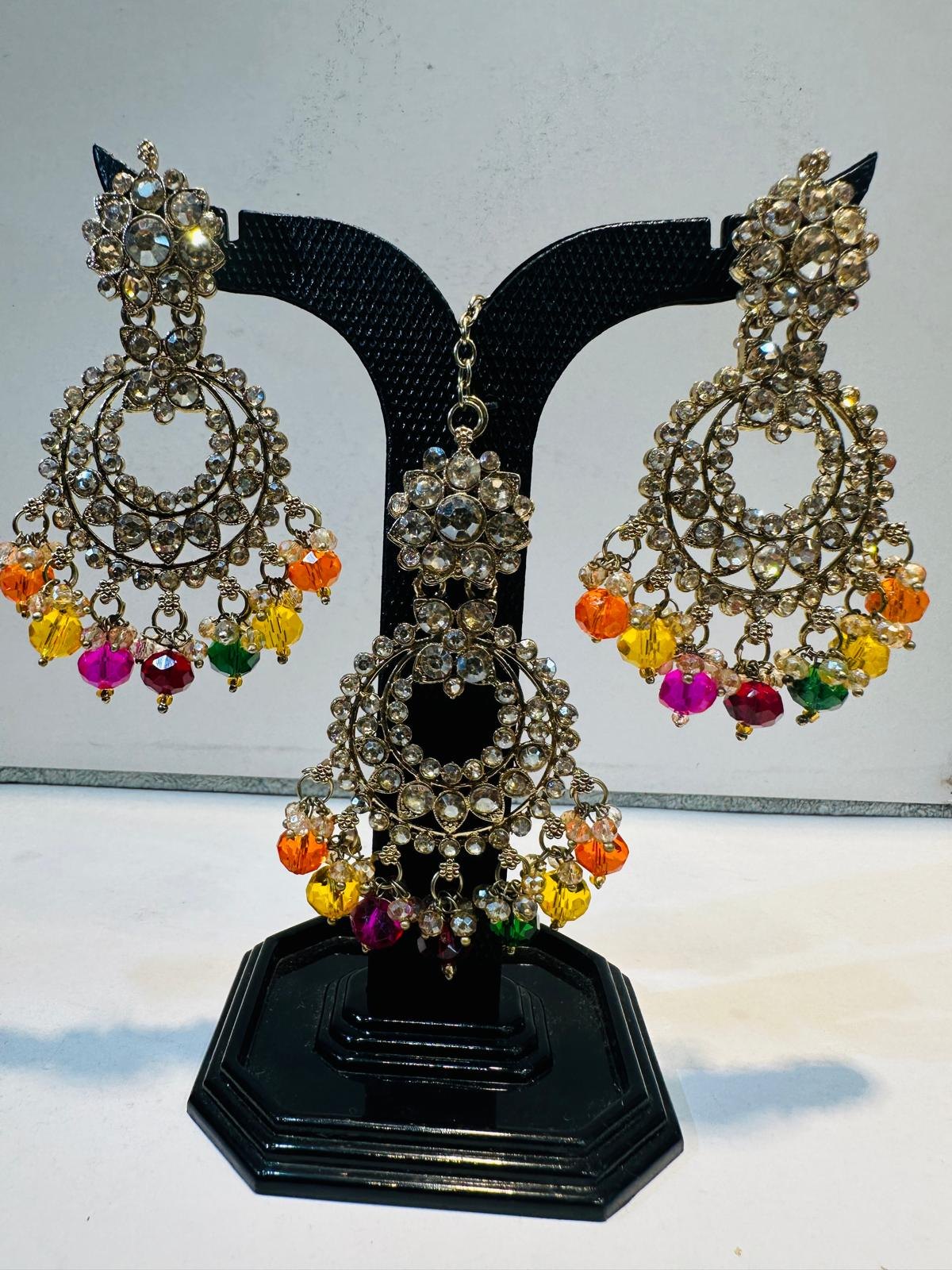 Multicolour Antique Gold Chandbali Earring & Maang Tikka Set