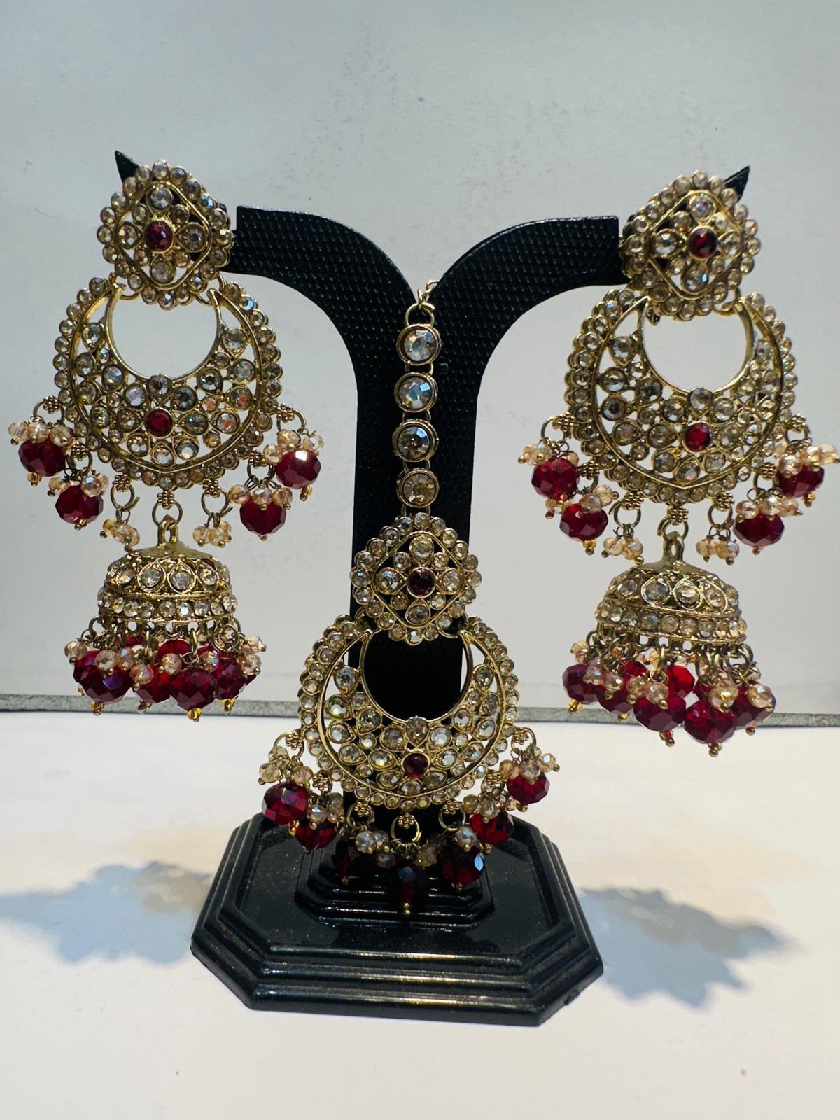 Maroon Antique Gold Chandbali Earring & Maang Tikka Set