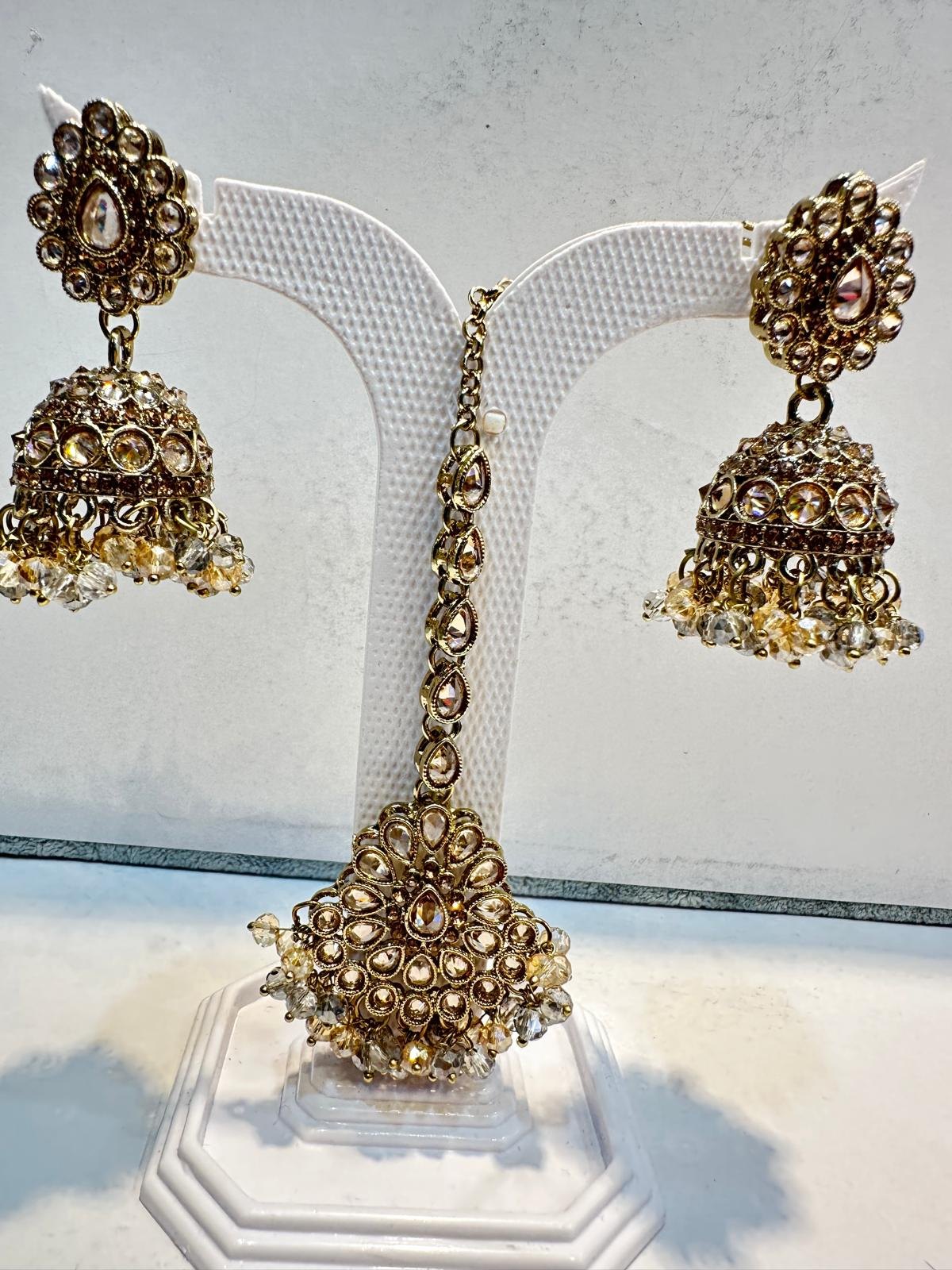 Champagne Antique Gold Jhumka Earring & Maang Tikka Set