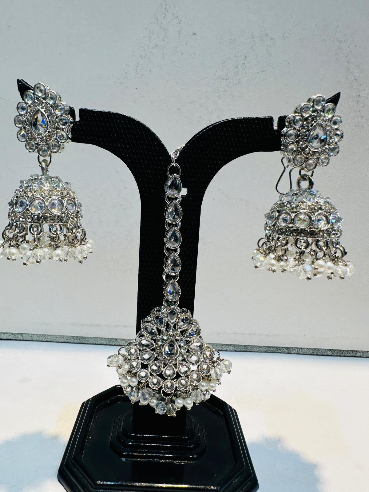 Pearl Silver Jhumka Earring & Maang Tikka Set
