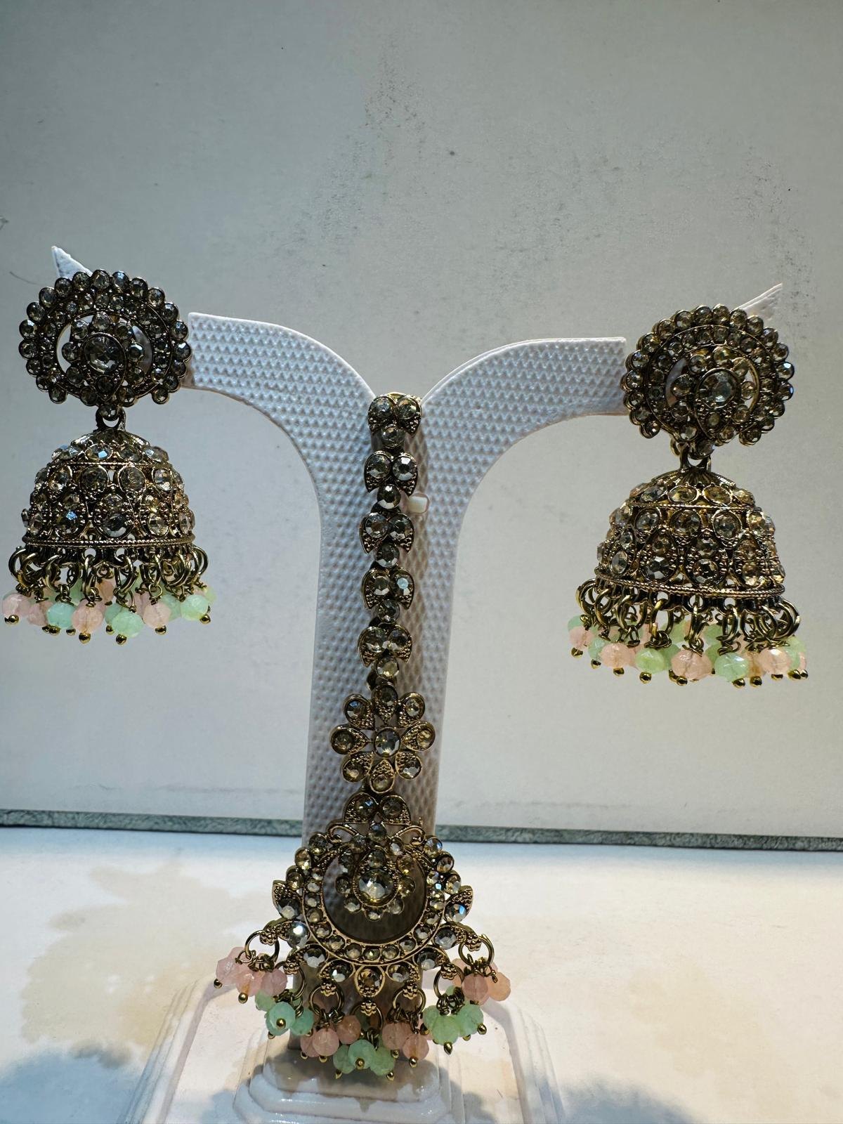 Pink & Mint Antique Gold Jhumka Earring & Maang Tikka Set