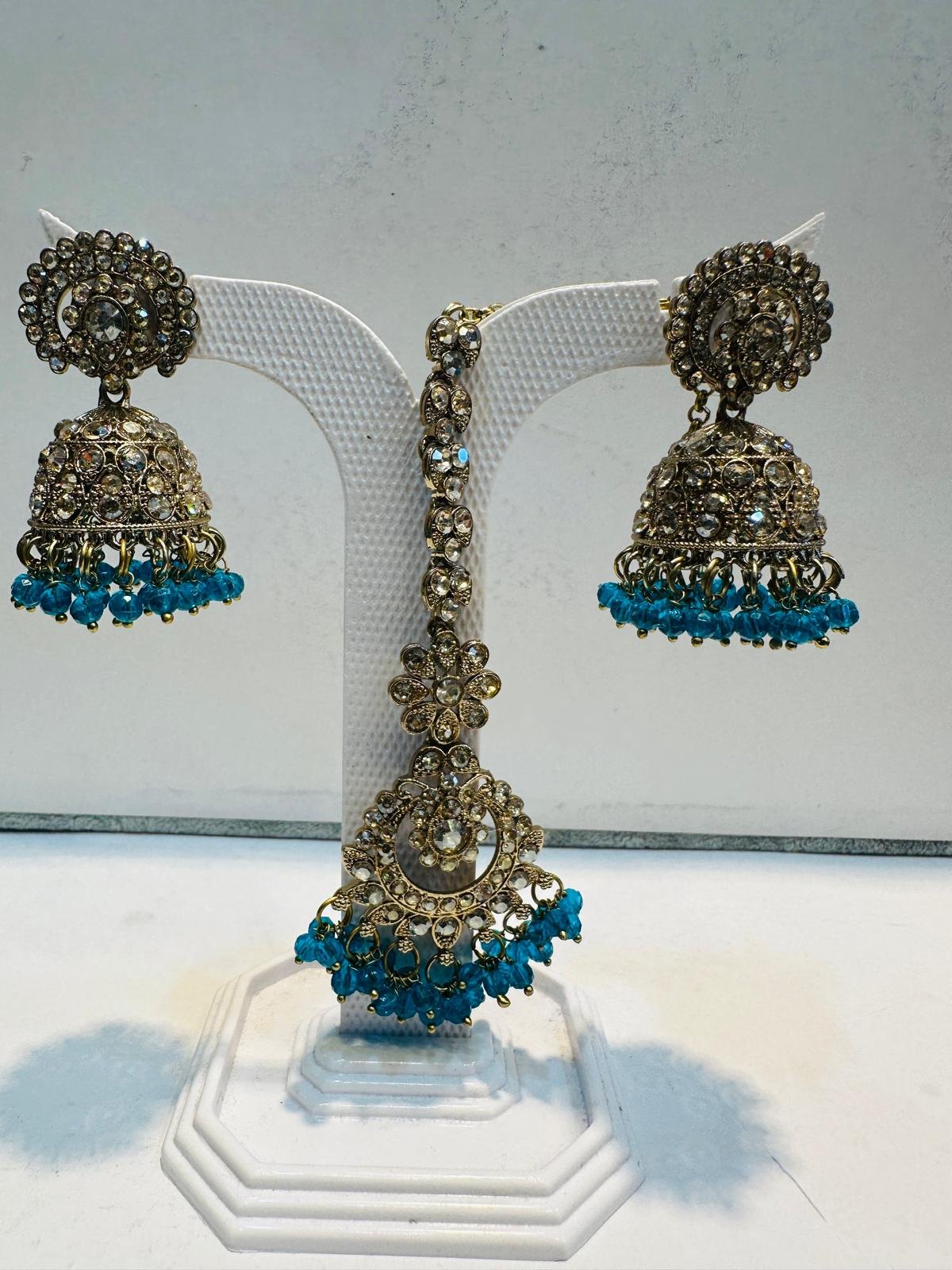 Teal Antique Gold Jhumka Earring & Maang Tikka Set