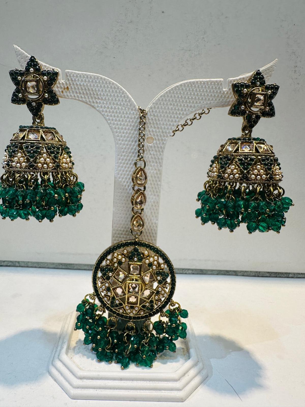 Green Antique Gold Jhumka Earring & Maang Tikka Set