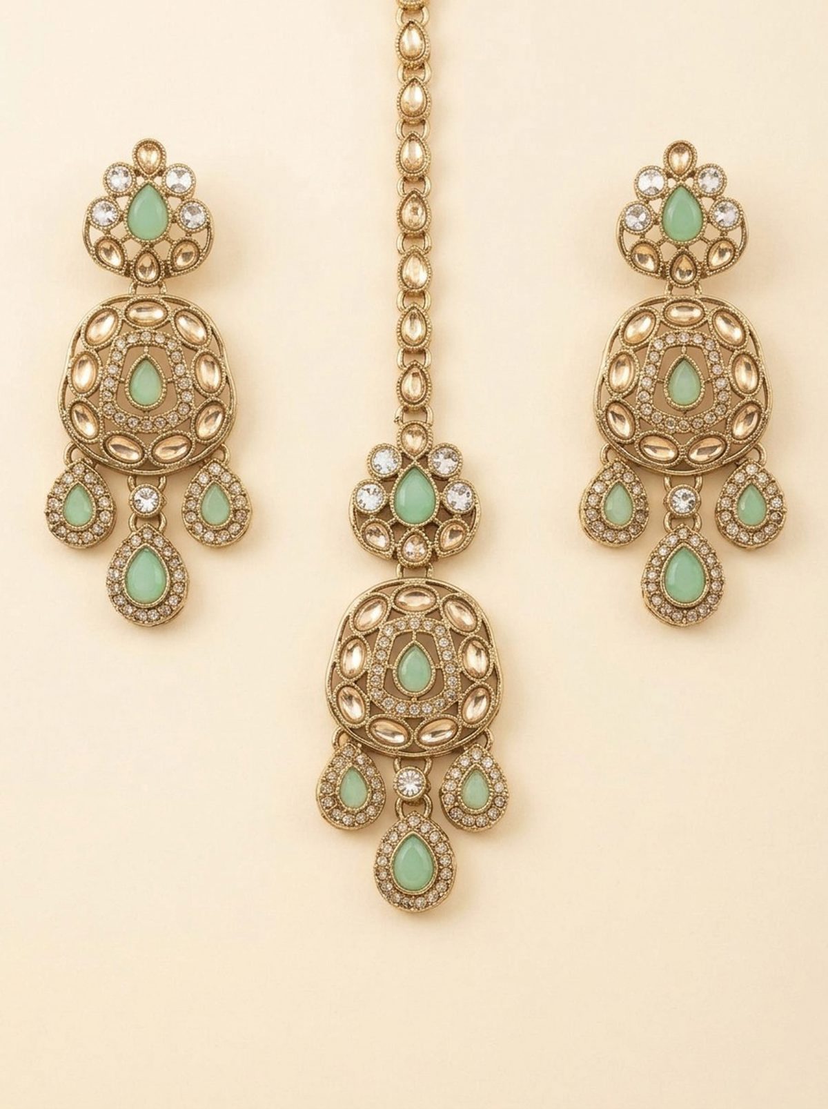 Mint Antique Gold Chandbali Earring & Maang Tikka Set