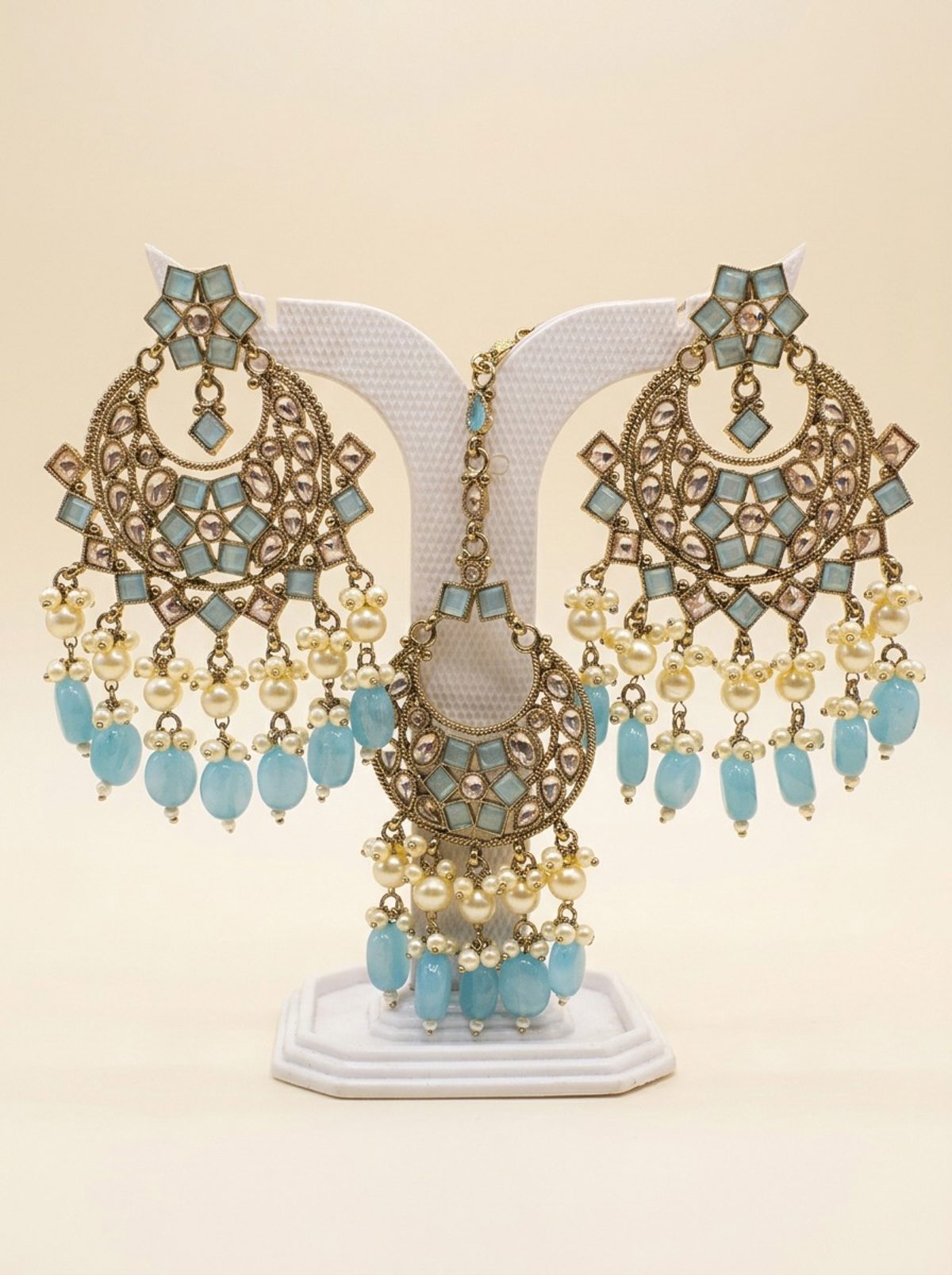 Turquoise Antique Gold Chandbali Earring & Maang Tikka Set