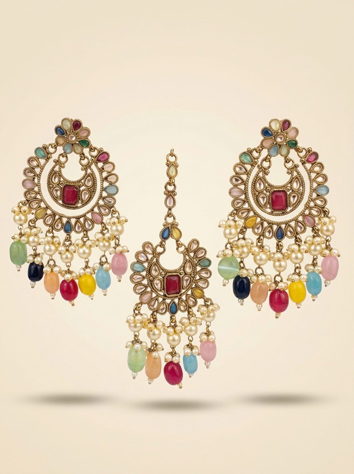 Multicolour Antique Gold Chandbali Earring & Maang Tikka Set