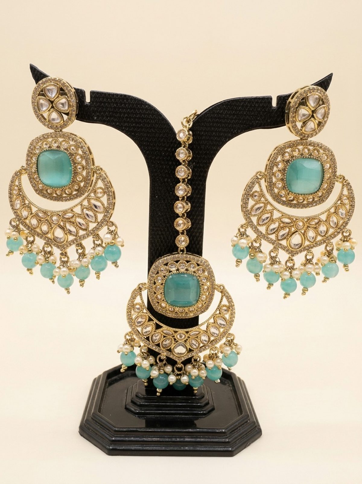 Turquoise Antique Gold Chandbali Earring & Maang Tikka Set
