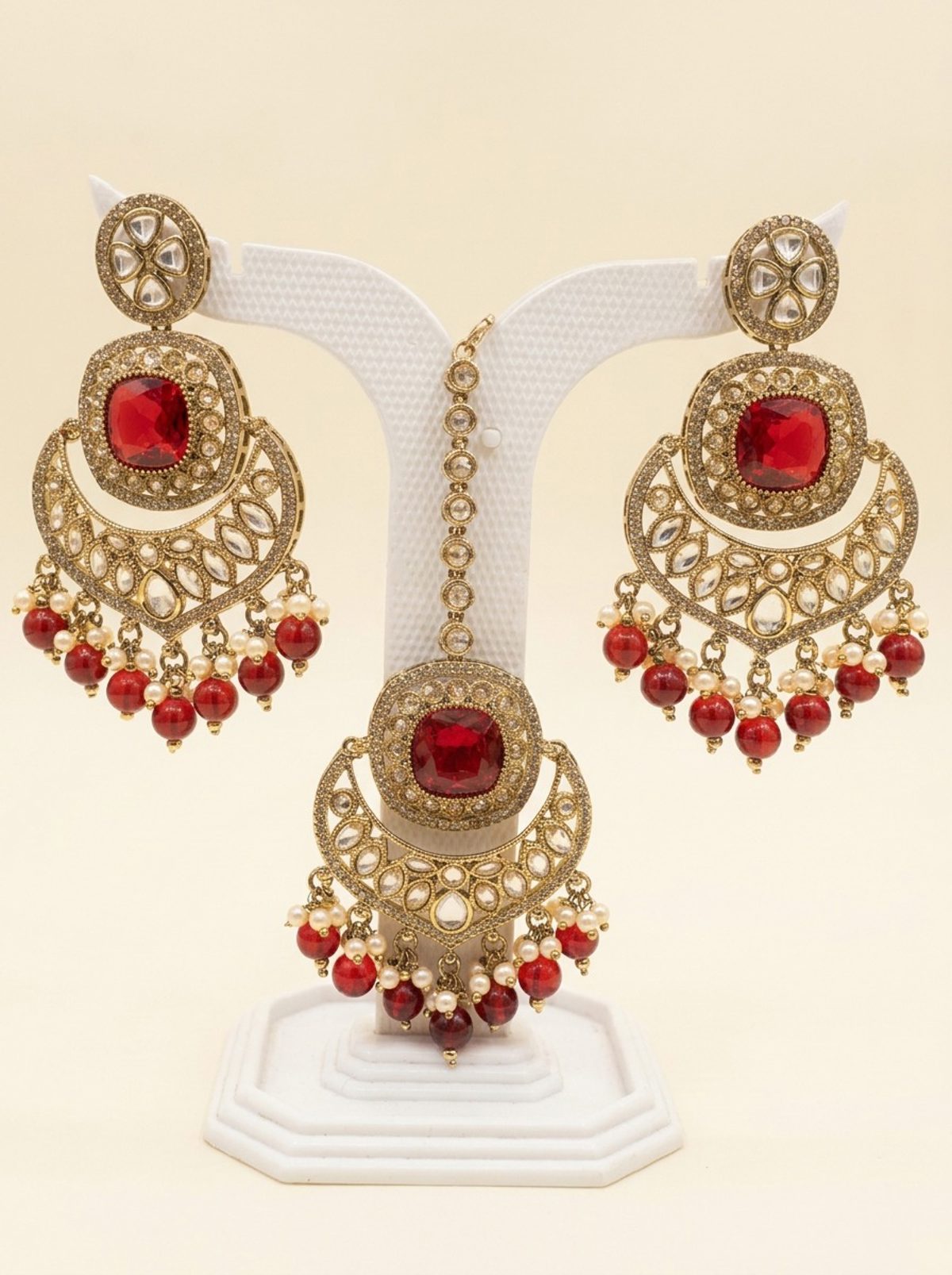 Red Antique Gold Chandbali Earring & Maang Tikka Set
