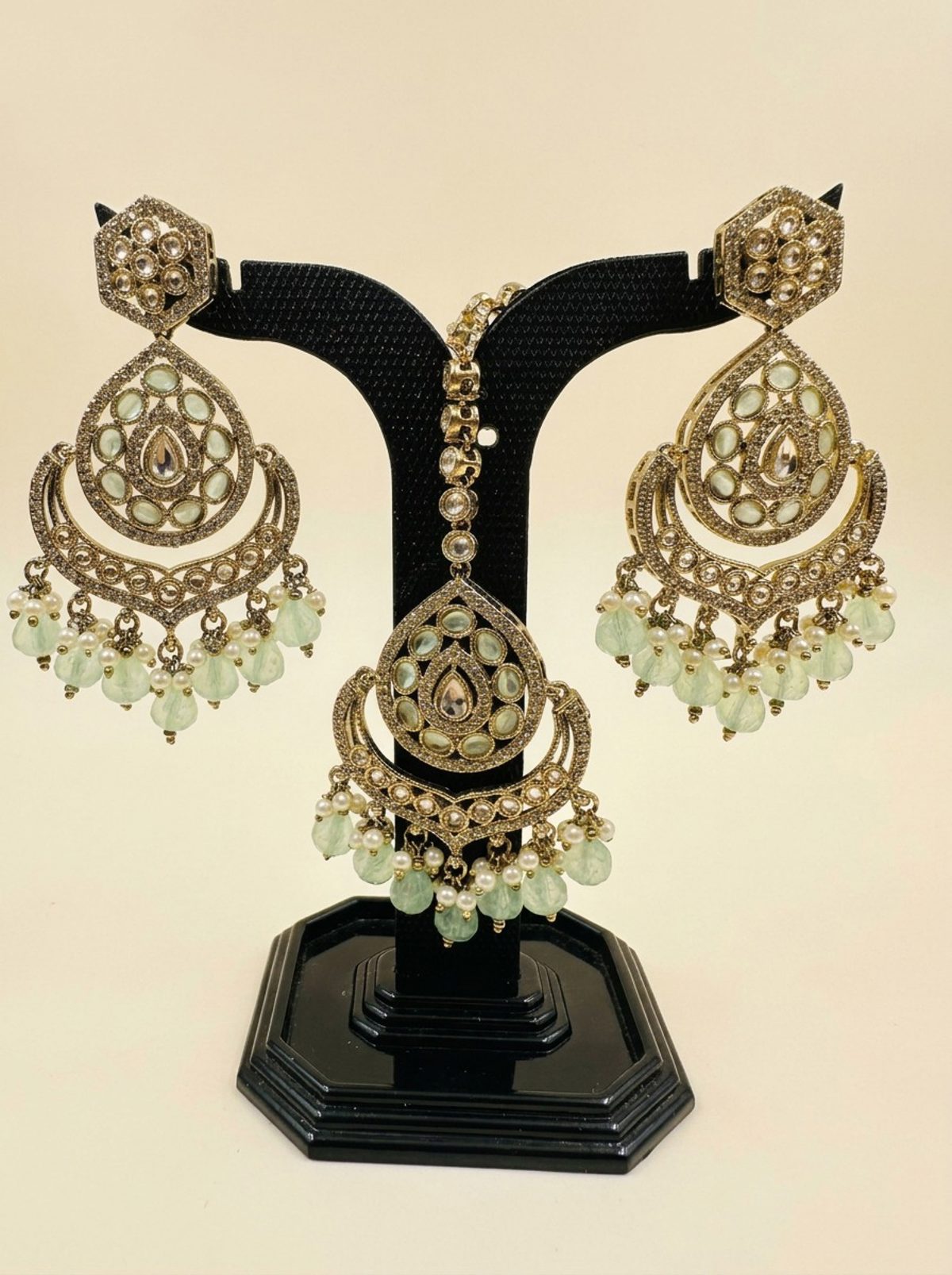 Mint Antique Gold Chandbali Earring & Maang Tikka Set