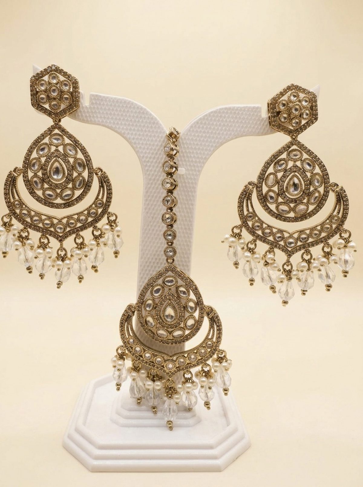 Pearl Antique Gold Chandbali Earring & Maang Tikka Set