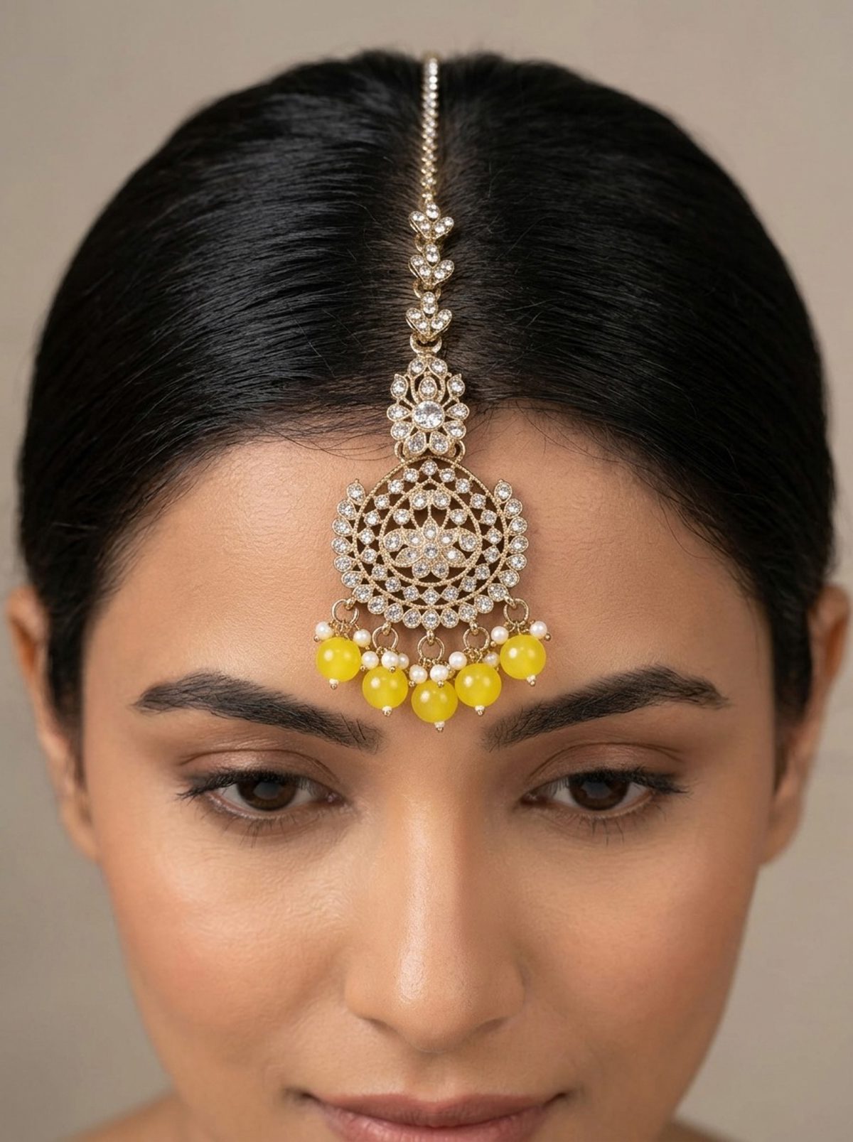 Yellow Silver Maang Tikka