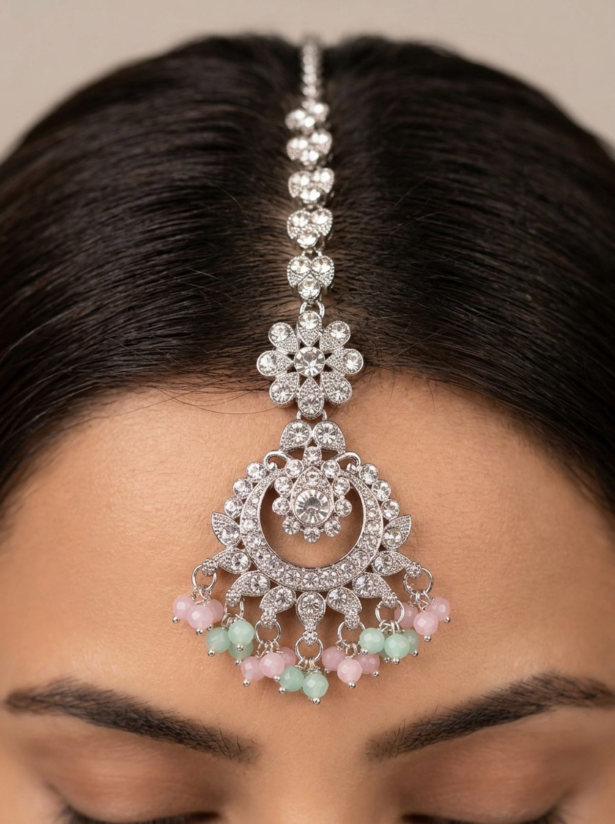 Pink & Mint Silver Maang Tikka