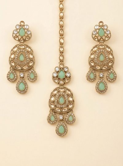 Mint Antique Gold Chandbali Earring & Maang Tikka Set
