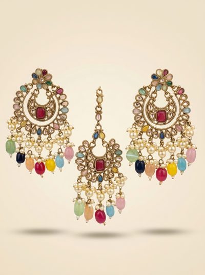 Multicolour Antique Gold Chandbali Earring & Maang Tikka Set