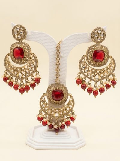Red Antique Gold Chandbali Earring & Maang Tikka Set