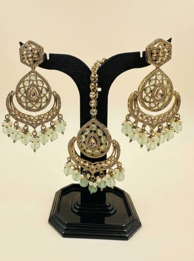 Mint Antique Gold Chandbali Earring & Maang Tikka Set