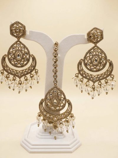 Pearl Antique Gold Chandbali Earring & Maang Tikka Set